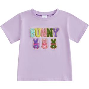 Toddler Baby Girl Boy Easter Clothes Bunny Shirt Short Sleeve Rabbit Embroidery Top Kids Easter Summer Outfit (Purple) 90