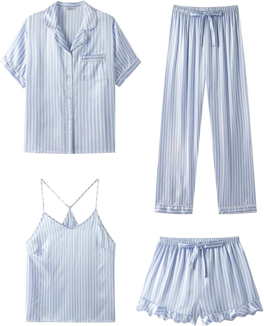 SAPJON Silk Pajamas for Women Set 4Pcs Ruffled Satin Pajamas Set Button Down Short Sleeve Cami Shorts Sleepwear Pj Set (Small, Blue Striped)