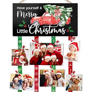 Asoulin Christmas Card Holder Farmhouse Merry Christmas Sign Christmas Card Display Hanging with 30 Photo Clips Photo Holder Picture Frames Collage Wall Decor Picture Board, Holiday Housewarming Gift