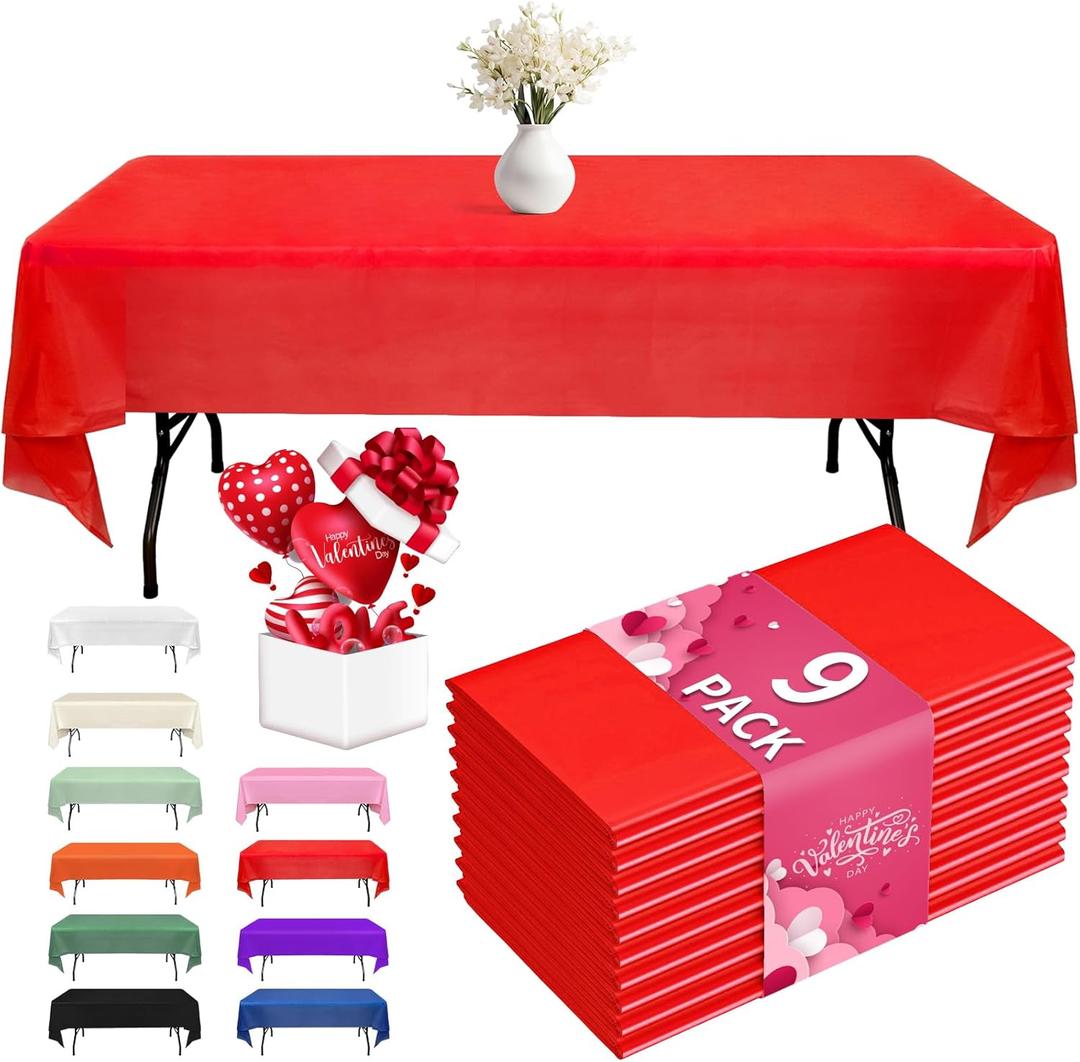 Fixwal Plastic Table Cloth Disposable 9 Pack, 54 x 108 Inch Table Cloths, Valentines Decorations, Valentines Day, Thanksgiving, Rad Tablecloths, Rectangle, Red Plastic Cover, Leakproof & Sturdy, Red