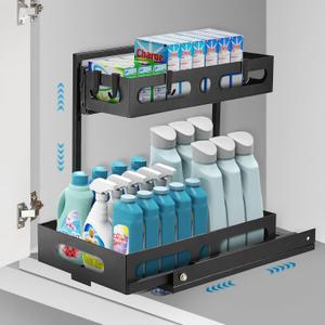 2-Tier Metal Under Sink Organizer, Pull Out Smoothly Under Kitchen Sink Organizer with Adjustable Height, Large Capacity Under Sink Storage for Kitchen and Bathroom