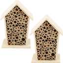 Native Hive Wooden Bee House, Natural Handmade Wooden Bee Box Habitat with Bamboo Tubes,Insect House Shelter for Attracting Peaceful Bee Pollinators (2PCS)