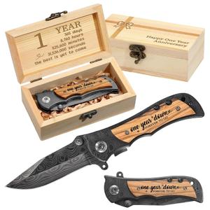 1 Year Anniversary Keepsake Gifts for Him Happy One Year Paper Wedding Anniversary Presents Engraved Pocket Knife with Wood Box Valentine's Day Wedding Birthday Gifts for Men Husband