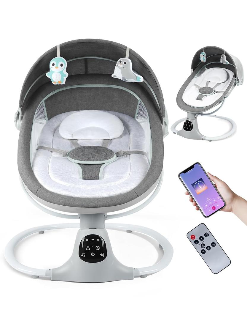 Electric Baby Swing for Infants to Toddler, 0-9 Months Portable Swing Rocker 5 Sway Speed, Bluetooth,12 Preset Lullabies with Remote Control, Infant Swing for Baby Boys & Girls, Grey