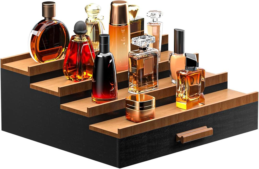 Sephyroth Cologne Organizer for Men 4 Tier of Elevated Cologne Display Shelf with Drawer Storage Perfume Organization and Storage Display Risers, Great Gift for Man(4Tier-BlackWalnut)