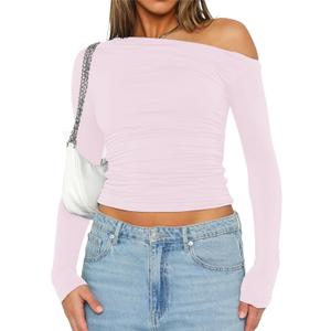 Women's Sexy Off Shoulder Long Sleeve Tops Slim Fit Asymmetrical Neck Crop Tops Ruched Going Out T Shirt 2024 Trendy (Medium, Pink)