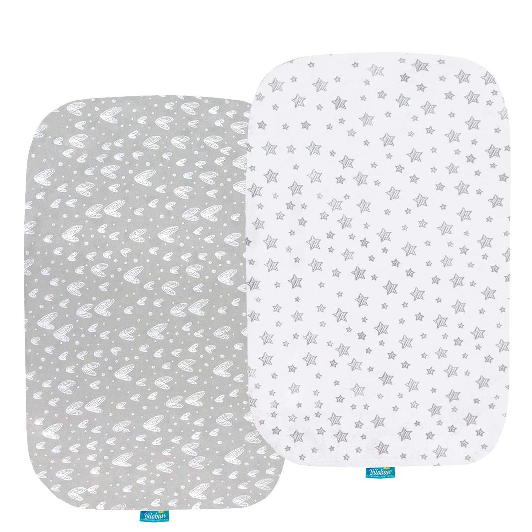 Bassinet Sheets Compatible with AirClub, GoFirst and MiClassic Bassinet Bedside Sleeper, 2 Pack,100% Jersey Knit Cotton Fitted Sheets, Mild Grey Hearts and White Stars Print (Gray)