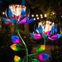 Solar Wind Spinner Outdoor Metal Garden Decor  2-in-1 Kinetic Double Lotus Flower Stake with Glowing Fiber Optic Lights, Multi-Color Spinning Yard Art Sculpture for Patio, Lawn, and Pathway