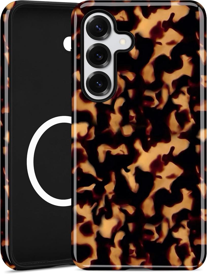 Magnetic Tortoise Shell Case for Samsung Galaxy S25 Plus, Compatible with MagSafe, Cute Brown Aesthetic Leopard Print Soft TPU and Hard PC Shockproof Protective Phone Cover for Women Girls