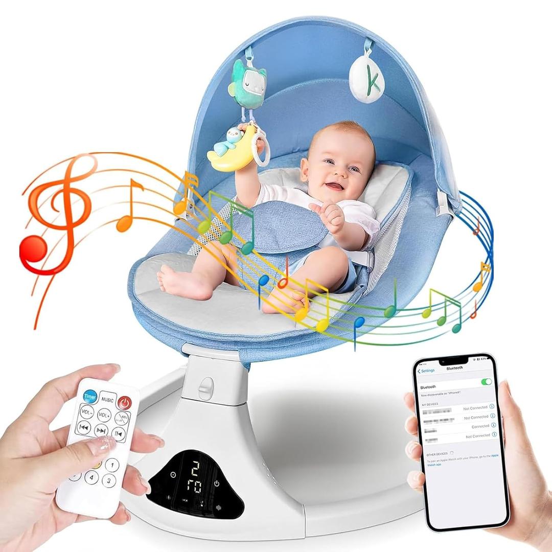 Smart Bluetooth Baby Swing with Remote Control - 5 Speed Gentle Sway | Portable Infant Swing with Machine-Washable Seat (0-12M, 6-20lbs)