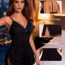 Girece Nightgowns for Women Sexy Ruched Chemise Lingerie Side Slits Lace Trim Sleep Dress for Date Night or Sleeping (Black, M)