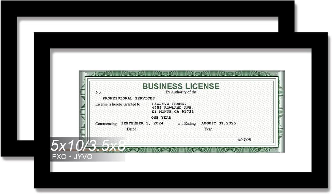 Fxojyvo Black 5x10 Frame Set of 2, Display Business License 3.5 x 8 with Mat or Picture 5x10 Without Mat Desktop or Wall for License Cosmetology Barber Salon Esthetician - 2 Packs