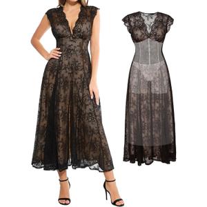 Popilush Women's Lace Formal Cocktail Sleeveless V Neck Maxi Shapewear Dress Wedding Guest Mother of Bride Split Dresses XXL