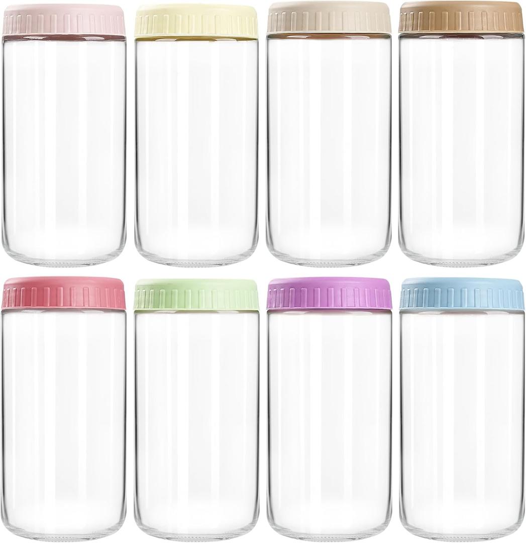SHOWIN Overnight Oats Containers with Lids, 24oz Glass Jars with Lids 8 pcs, Wide Mouth Mason jars for Salad, Yogurt, Snacks, Meal Prep (Multicolor)