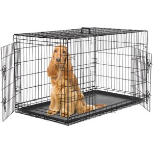 Sweetcrispy 48 Inch Dog Crate, Medium Large Crates Double Door Folding Metal Wire Dog Cage with Plastic Leak-Proof Pan Tray, Pet Kennel for Indoor, Outdoor, Travel,  48.8" x 29.9"