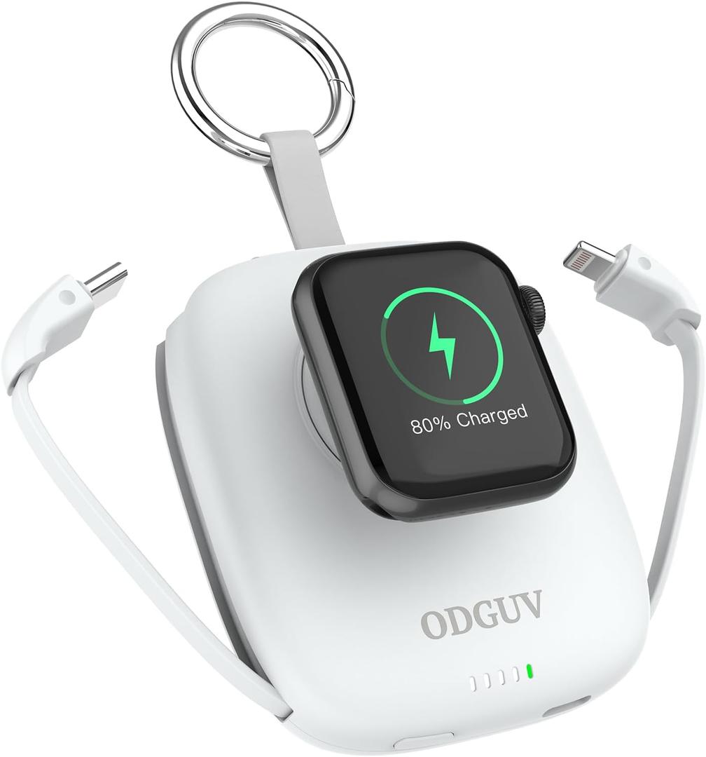 Small Portable Charger 5000mAh,iWatch Wireless Charger Mini Power Bank with Built-in Cable,Travel Keychain Charger for Apple Watch 10/9/Ultra2/8/Ultra/7/6/Se/5/4,iPhone 17/16/15/14/13/12,Android Phone (white)