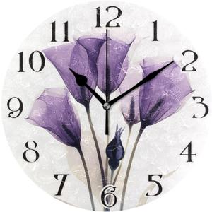 ALAZA Purple Tulip Lily Flower Wall Clock Battery Operated Kitchen Clock 9.5 Inch Bathroom Clock Non Ticking Round Decorative Desk Clock Bedroom Living Room Decor