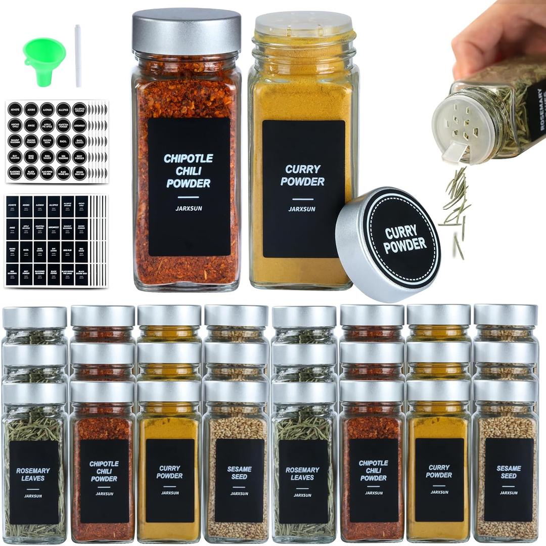 36 Glass Storage Jars- Spice Jars with Label-4oz Spice Containers with Shaker LidsSilvery Lids,3 Sets of Spice Labels for Spice Rack, (36)
