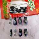 2 x Christmas Press on Nails Medium Coffin Black Nails with Snowflake Bling Starry Sky Designs Artificial Acrylic Nails Press Ons Glitter Glue on Nails Holiday Stick On Nails for Women Girls 24Pcs