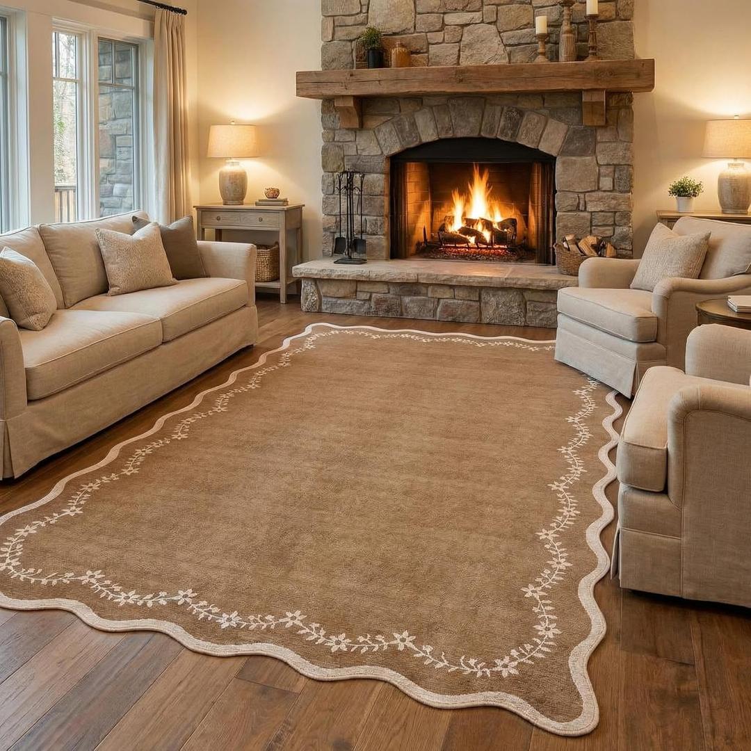 GarveeHome Scalloped Area Rugs 8x10 for Living Room, Solid Brown Large Washable Rug Soft Non Slip Backing Floor Mat Carpet Indoor Thin Rug for Bedroom Dining Room Playroom Nursery Home Decor
