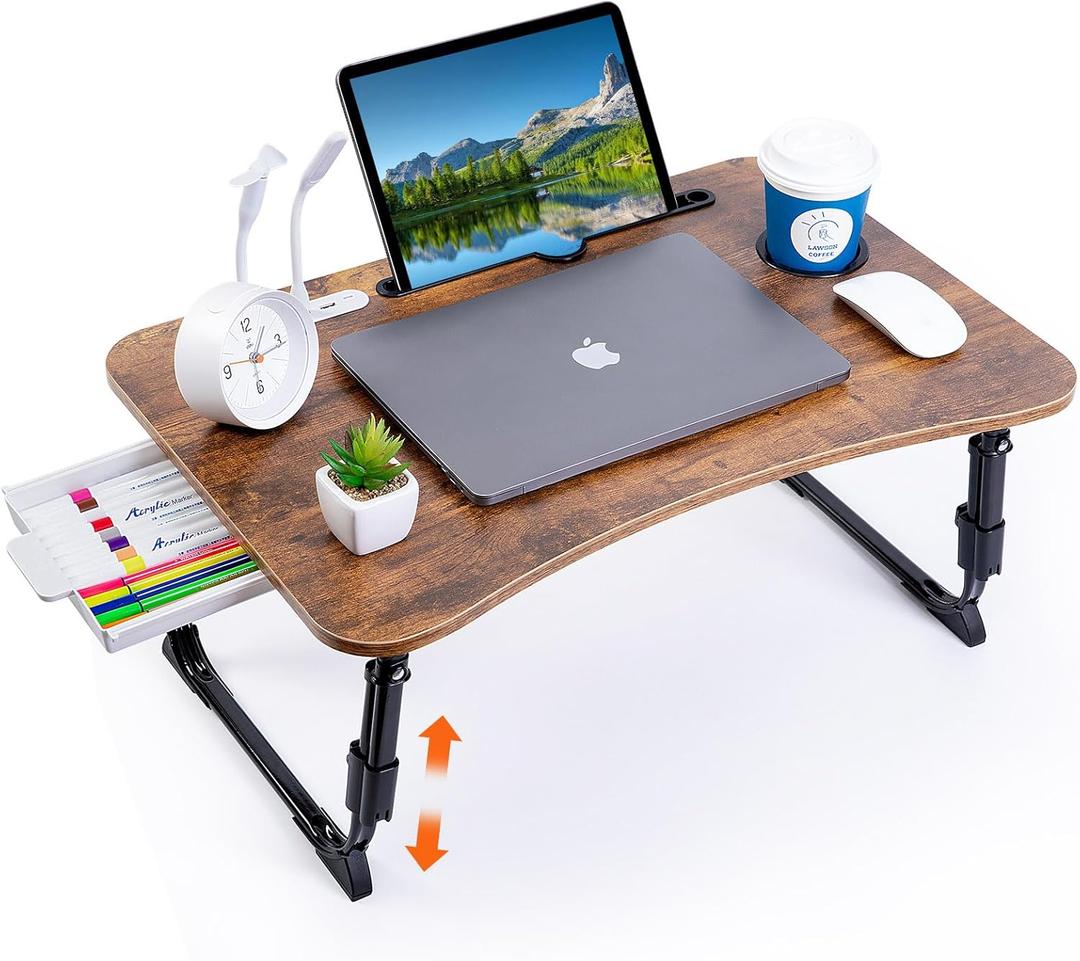 Laptop Desk for Bed, Height Adjustable Laptop Bed Table, Foldable Portable Lap Desk Stand with USB/Storage Drawer/Cup Holder/Slot, Breakfast Tray for Working Reading Writing Eating (Curved Desktop, Retro Brown)