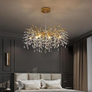 Tree Branches Chandeliers Luxury Round Crystal Pendant Light 8 Light Ceiling Hanging Light for Dining Room Bedroom Living Room Entryway Gold 23.7"