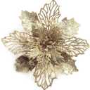 GL-Turelifes 12 Pieces 6.3 Glitter Christmas Flowers Champagne Poinsettia Artificial Flower Christmas Tree Flowers Wreath Tree Ornaments with 12 Pcs Green Flower Stem