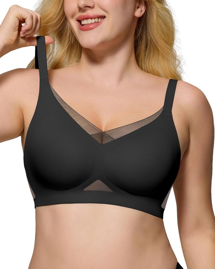 As Fairy Womens Bra No Underwire Seamless Wireless Bra with Soft Support V Neck Mesh Bras Lace Bralette Everyday Bra (Medium, Black+nude)
