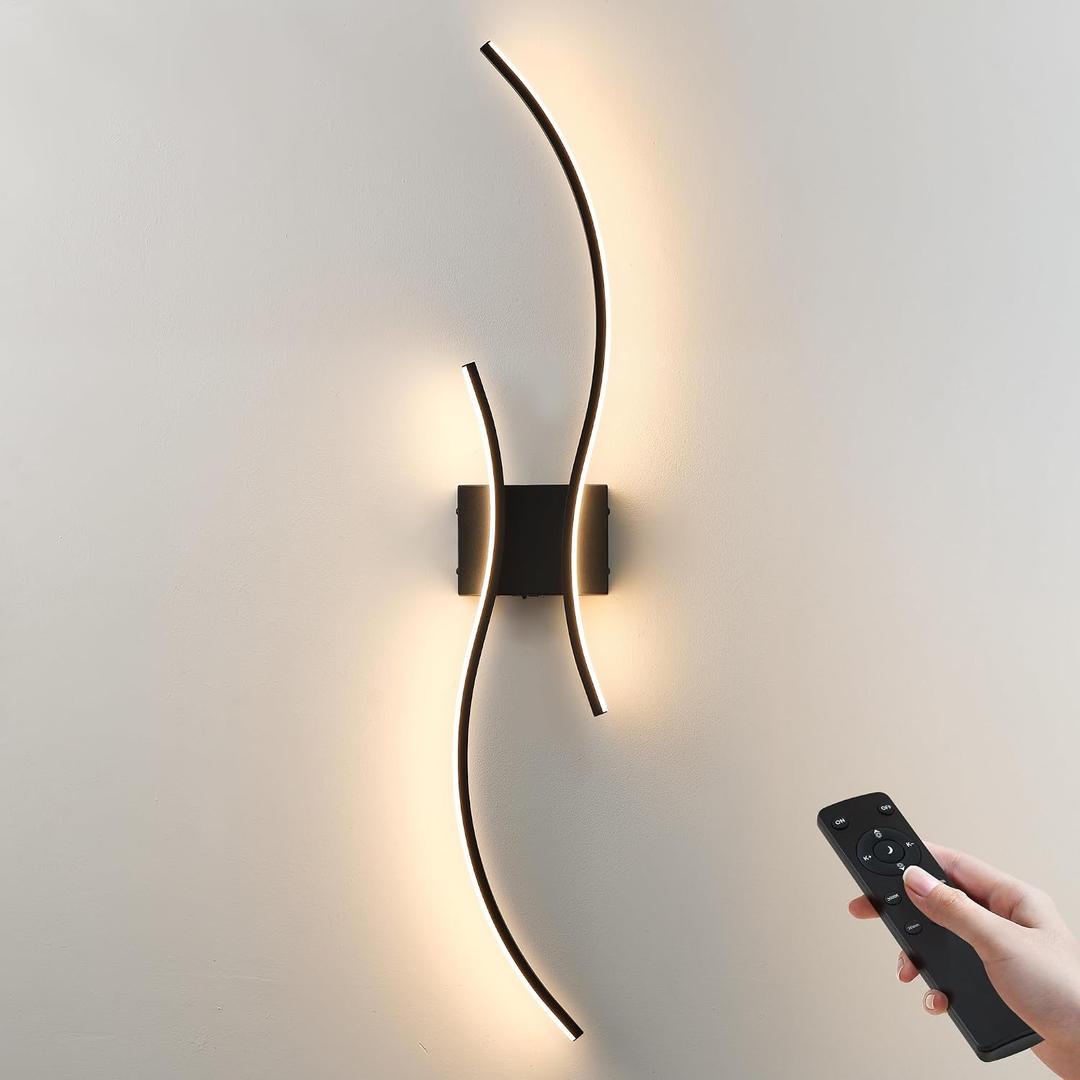 KARTOOSH Battery Operated Wall Sconce with Remote Control, Stepless Colors 3000K-6000K & Dimming, LED Black Wireless Wall Light for Living Room, Hallway, Bedroom, 39.3 Inch (1 Pack)
