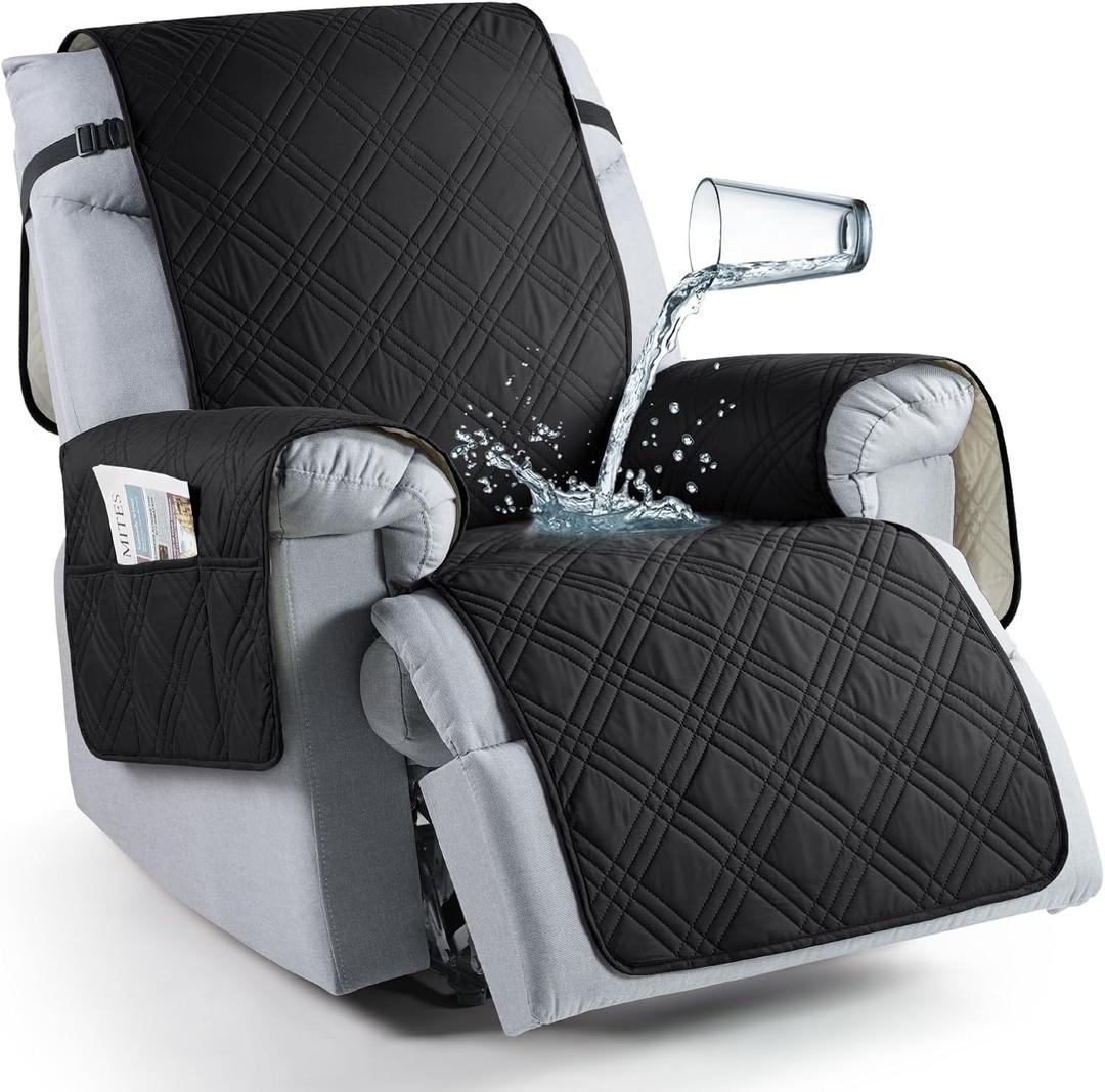 TAOCOCO 100% Waterproof Recliner Chair Cover, Non Slip Recliner Covers for Recliner Chair with Pocket, Washable Reclining Chair Cover Furniture Protector for Kids, Pets(23.6'', Black)