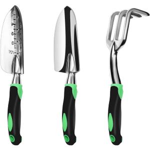Garden Tool Set, 3 Pack Aluminum Heavy Duty Gardening Kit Includes Hand Trowel, Transplant Trowel and Cultivator Hand Rake with Soft Rubberized Non-Slip Ergonomic Handle, Garden Gifts
