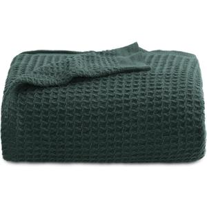 Bedsure Gentlesoft 100% Cotton Throw Blanket for Couch 50x70 inches - Breathable and Soft for Summer, Waffle Weave Throw Blanket for Office, Dark Green