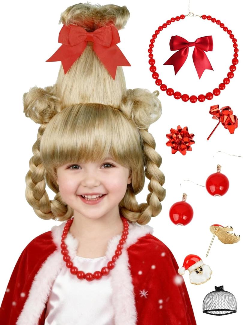 Half and Half Kids Christmas Cindy Wig Blonde Double Braids Wig with Red Bow-kot + Necklace + Earrings + Wig Cap for Girls Child Toddler Costumes Halloween