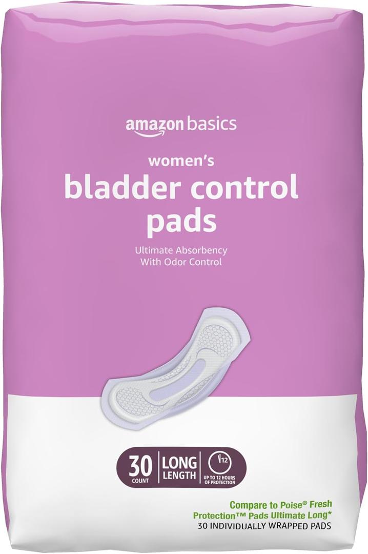 Amazon Basics Incontinence Pads for Women, Long, Postpartum, Bladder Control, Ultimate Absorbency, Fresh Protection, Unscented, 30 Count
