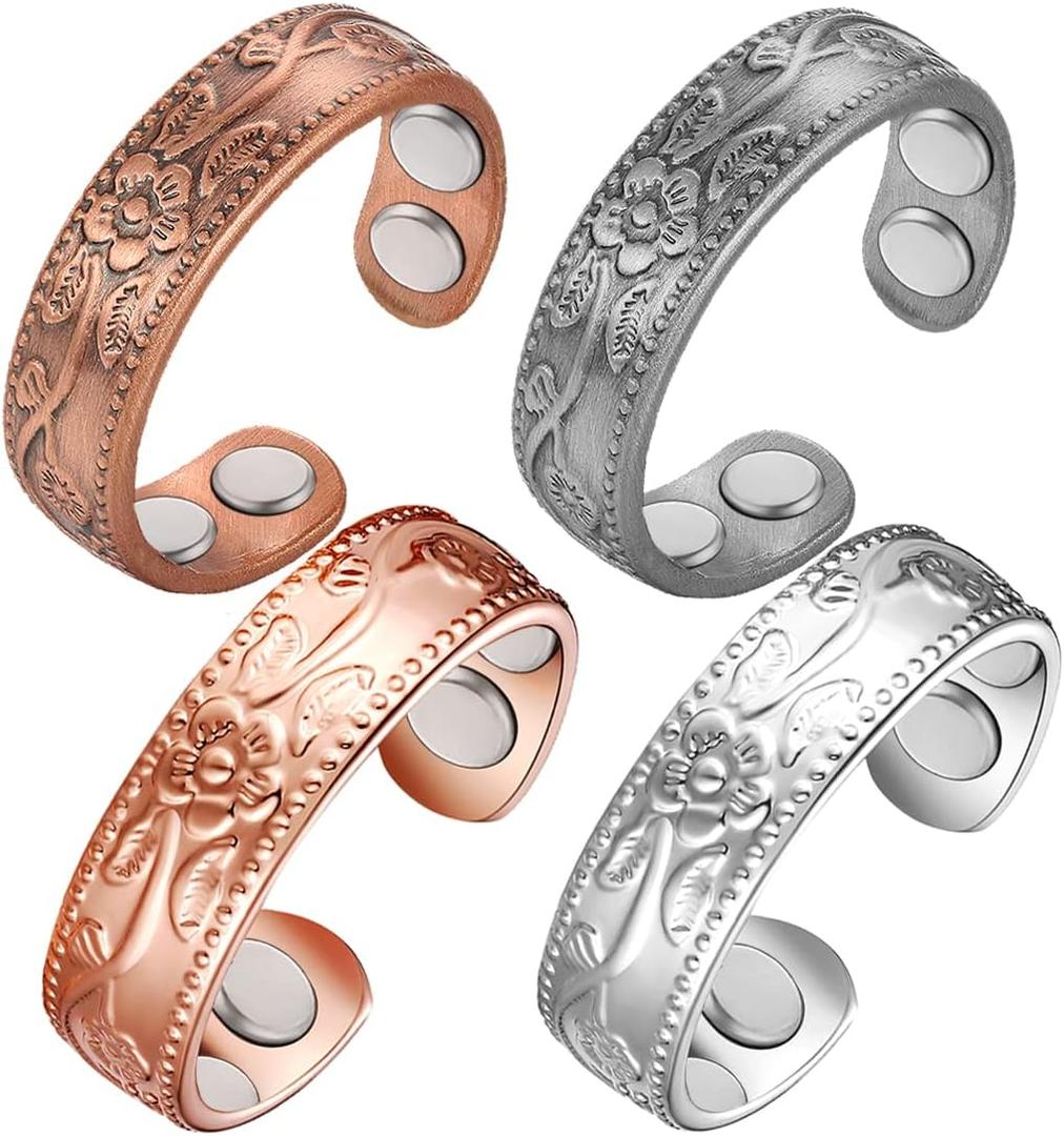 4PCS Copper Rings for Women Pure Copper Magnetic Ring Strong Magnets Adjustable (Copper+rose Gold+ancient Grey+silver)