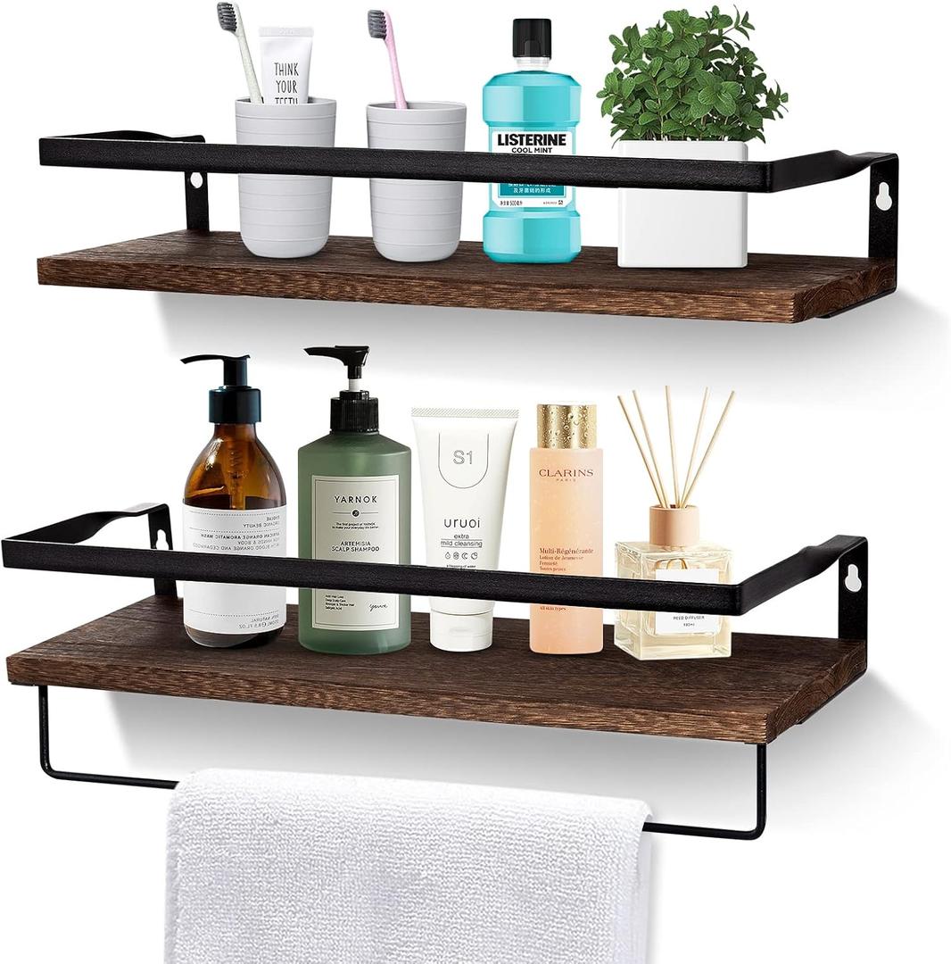 AGM Floating Shelves, 16.5 Bathroom Floating Shelf Set of 2, Carbonized Black Wall Storage Shelf with Towel Bar, Wall Mounted Shelves for Plants, Book, Bedroom, Kitchen, Living Room Decoration