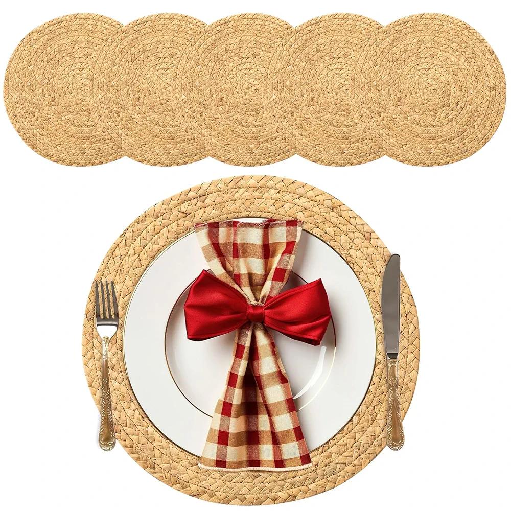 Hifybaty 14'' Round Woven Placemats Set of 10 - Natural Extra Wide Placemats Braided Heat Resistant Placemats Farmhouse Boho Fringe Place Mats Wipeable Circle Wicker Placemats, Nature