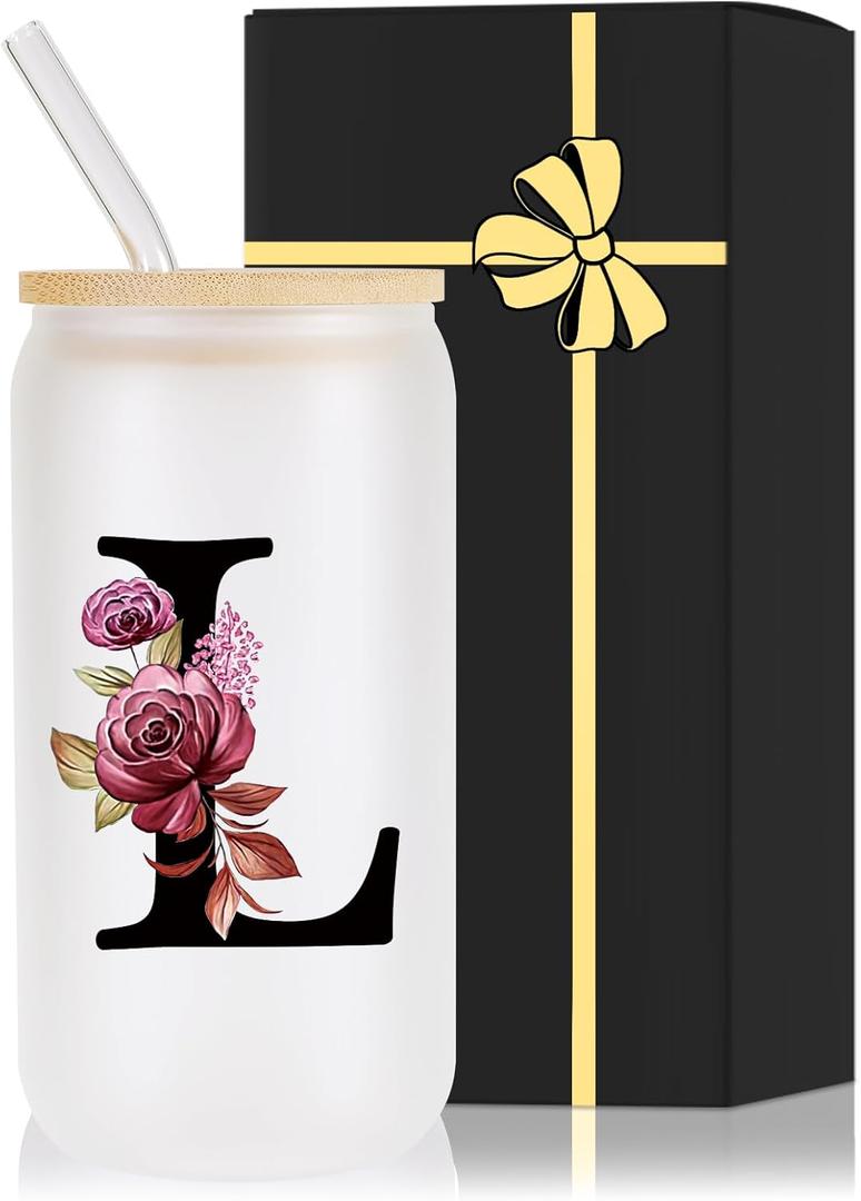 Monogrammed Glass Drinking Cup With Lid Straw Women Lady Boss Gifts Coworker Colleague Manager Team Member Employee Boss Executive Assistant Inter Birthday Farewell Leaving Retirement Christmas,L