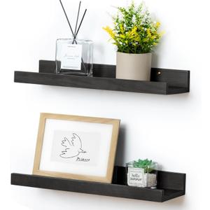 Picture Ledge Shelf for Wall, 16 inch Solid Pine Wood Nursery Book Shelves 2 Packs, Floating Ledge Shelves for Kids' Room Bedroom Bathroom Living Room Photo Frames Office Nursey Wall Decor, Black