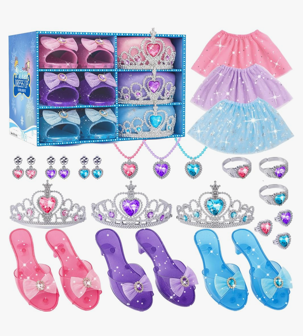 Princess Costume For Girls, Princess Dress Up For Girls 3-6 Years Old, Toddler Dress Up Toys with Tiara, Shoes & Jewelry for Girl Birthday Gift