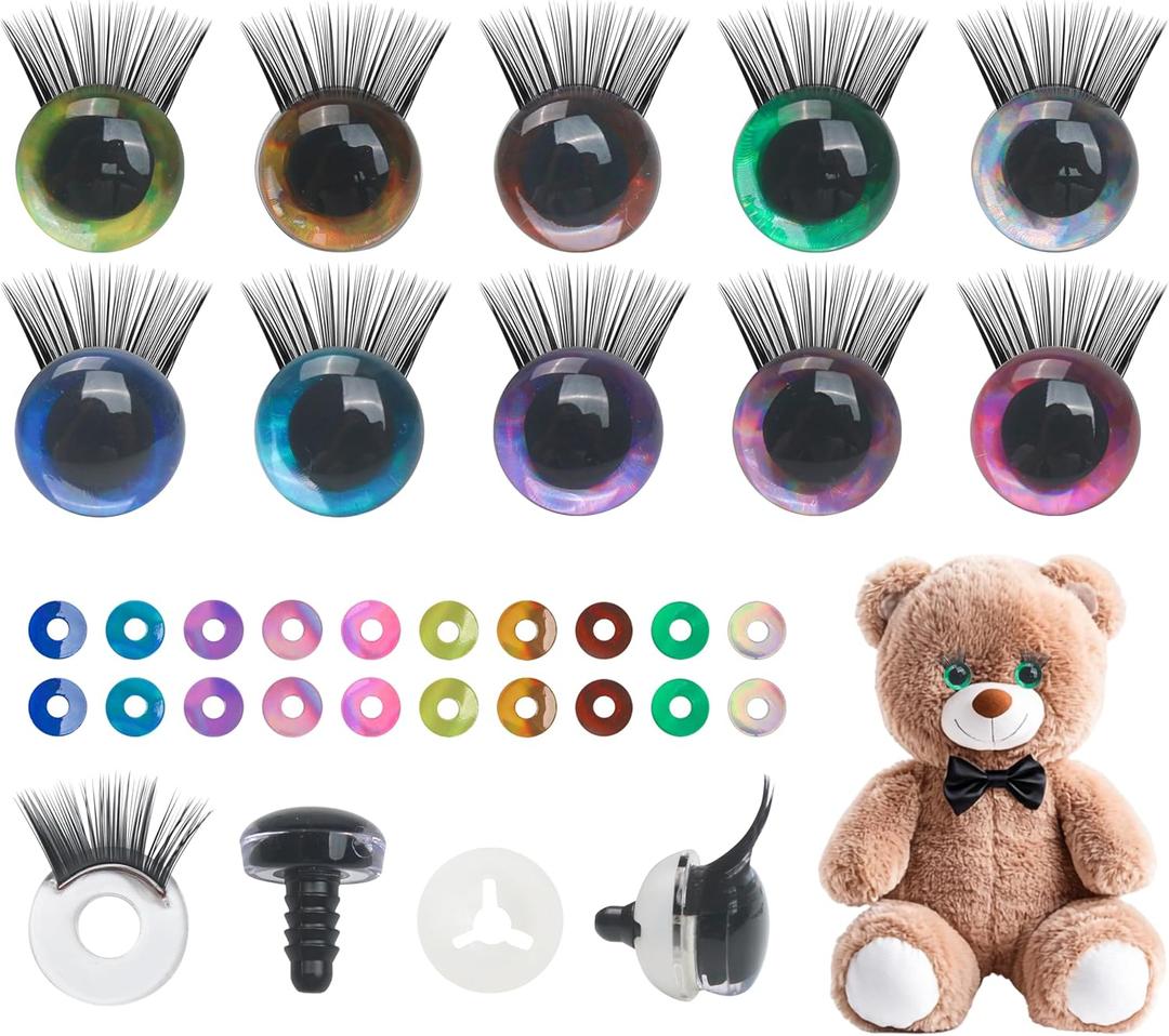 20Pcs 3D Safety Glitter Toy Eyes with Eyelashes for Crocheting, 16mm (0.63") Colorful Mixed Assortment Set for Cute Creative DIY Plush Doll Big Stuffed Animals Plushie Cat Puppet Craft Making Projects