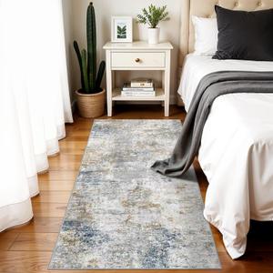 Modern 2x5 Hallway Runner Rug: Abstract Washable Ultra Soft Kitchen Entryway Carpet Indoor Non-Slip Low Pile Floor Mat for Bedroom Laundry Room Gifts for Newlyweds Household Home Decor(2x5 Blue/Beige)