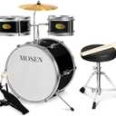 MOSEN 3-Piece Beginner Drum Set, Bass Tom Snare Percussion Kit with Adjustable Throne, Cymbal, Pedal & Drumsticks, Black