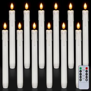 Homemory 12 Pcs Plastic Flameless Taper Candles with Remote Timer Dimmer, White Taper Candles Battery Operated with Flickering Flame Light Lifelike Led Candlesticks for Indoor Decoration 9.6 Inches