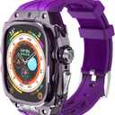Luxury Translucent Smartwatch Case for Apple Watch Ultra 1/2 49mm, Fully Wrapped Lightweight Rugged Case with Band, Silicone Strap, Stainless Steel Buttons, Protective Cover for Men/Women (Purple) (Dark Purple Night)