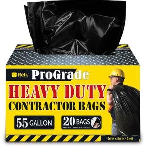 Reli. Contractor Garbage Bags 55 Gallon | 20 Trash Bags | Heavy Duty | Black Contractor