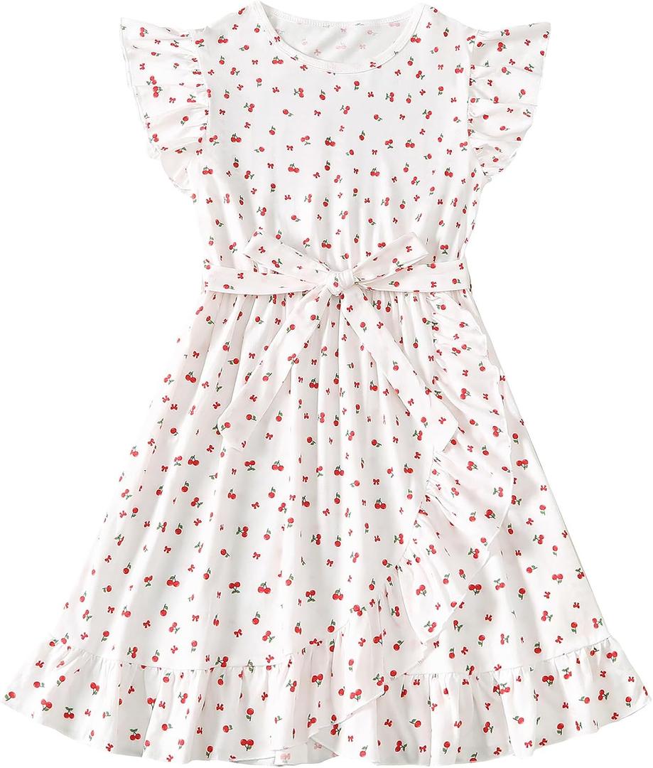 Ecolala Girls Summer Dress Cute Bow Cherry Graphic Flutter Sleeve Ruffle Hem Fancy Dress with Waist Tie White 11-12 Years