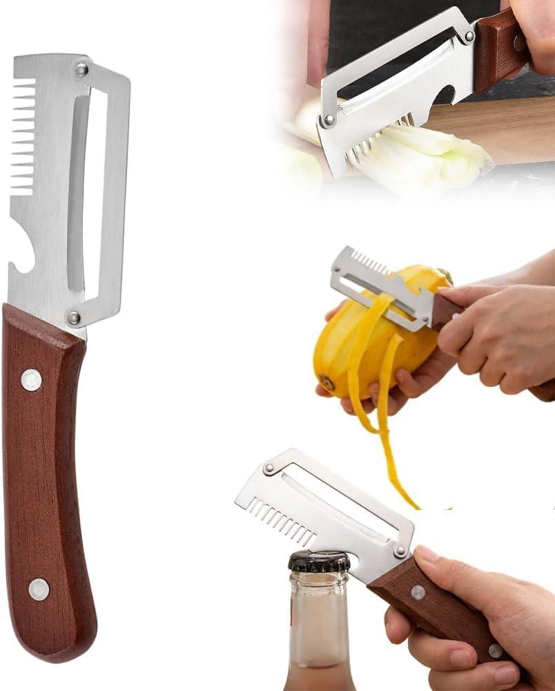Multifunctional Vegetable Peeler with Wooden Handle and Bottle Opener, Stainless Steel Peelers for Kitchen, Multi Functional Vegetable Peeler for Fruit Potato Carrot Pumpkin Zucchini1-PACK