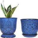 Gepege 6 Inch Beaded Ceramic Planter Set of 2 with Drainage Hole and Saucer for Plants, Indoor-Outdoor Large Round Succulent Orchid Flower Pot (Blue, for Inner-pots not Larger Than 5 Inch)