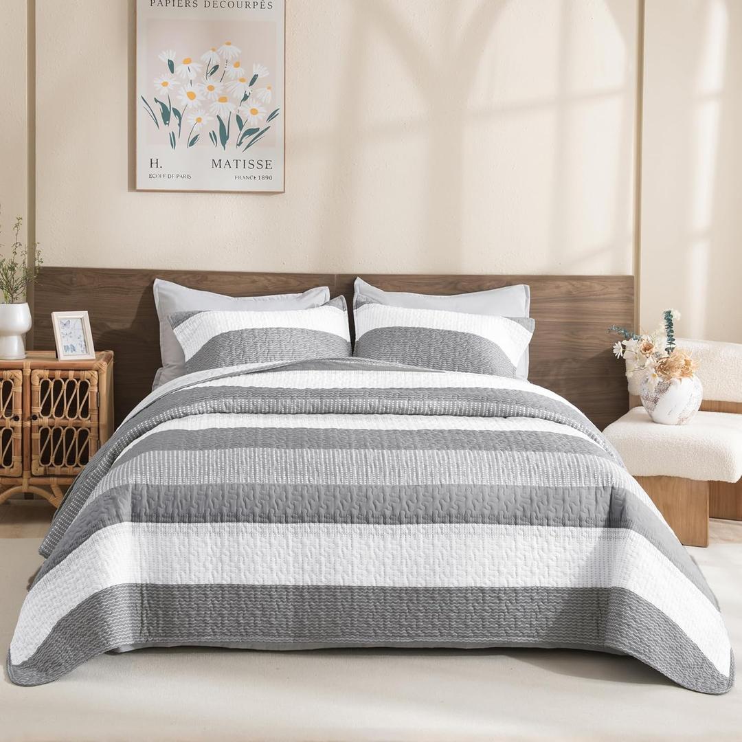 Litanika Quilt King Size Silver Grey, Stripe Patchwork Summer Bedspread Coverlet 3 Pieces, Soft Lightweight Microfiber Quilted Bedding Set for All Season(1 Quilt, 2 Pillowcases)